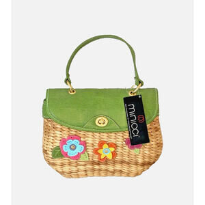 Minicci Straw Woven Purse Handbag Floral Appliques Tan Green Pink NWT